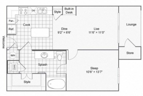 Floor plan for 1 bed, 1 bath, 690 sqft